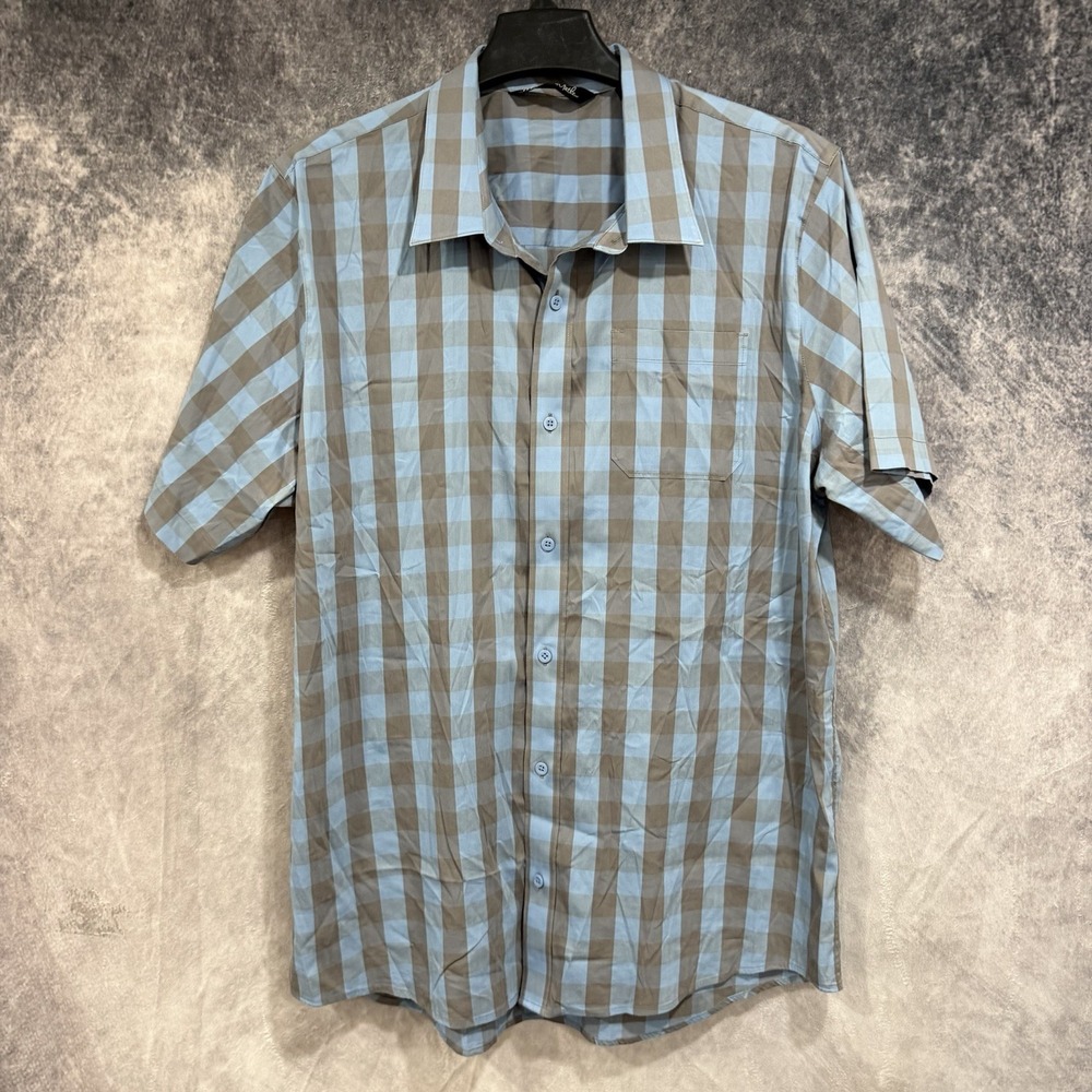TravisMathew Men's XL Blue Gray Check Plaid Short Sleeve Button Up Shirt